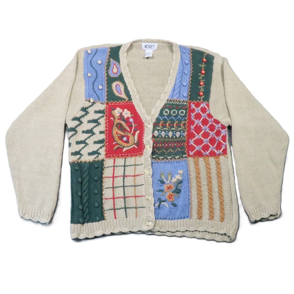 Koret Vintage Patchwork Novelty Cardigan L Beige V-Neck Button Grandma Cottage